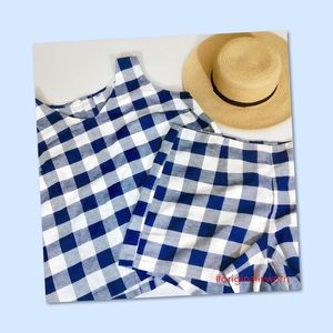 Navy blue checkered sleeveless top and short set